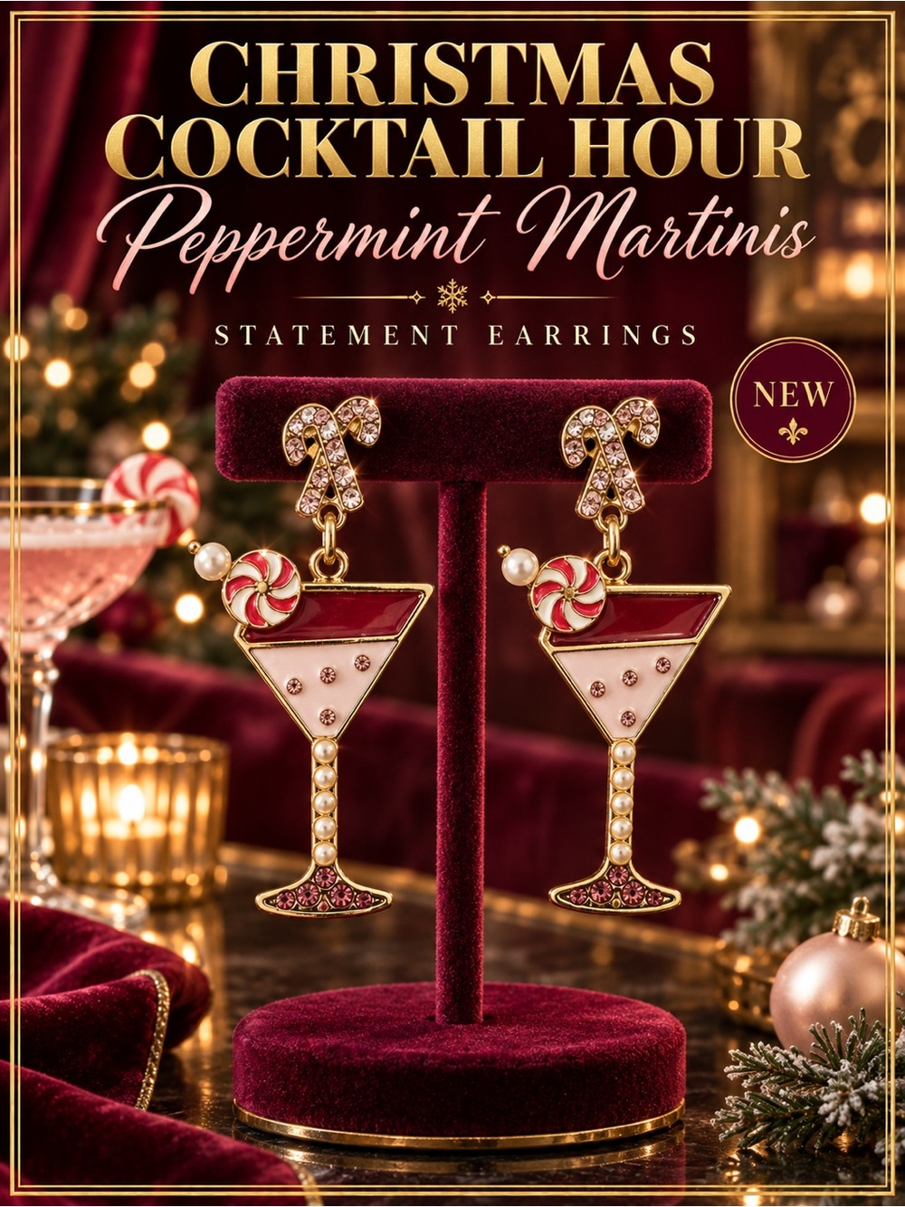 Christmas Peppermint Martini Cocktail Earrings NEW